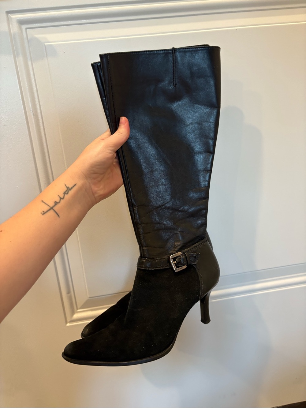 Franco Sarto Black Leather and Suede Mid-Calf Heeled Boots